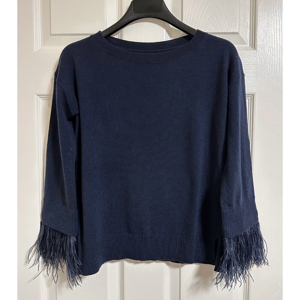 J. Crew Feather Trimmed Wool Blend Navy Blue Sweater, NWOT!